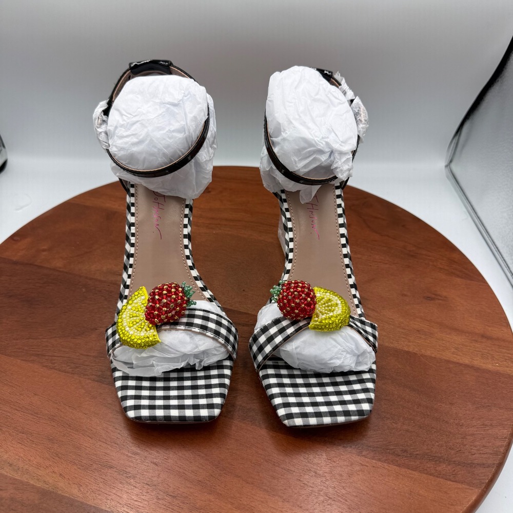 Betsey‎ Johnson Harlen Gingham Fruit Beaded Clear Wedge Sandals Black White 7.5 - Picture 6 of 14